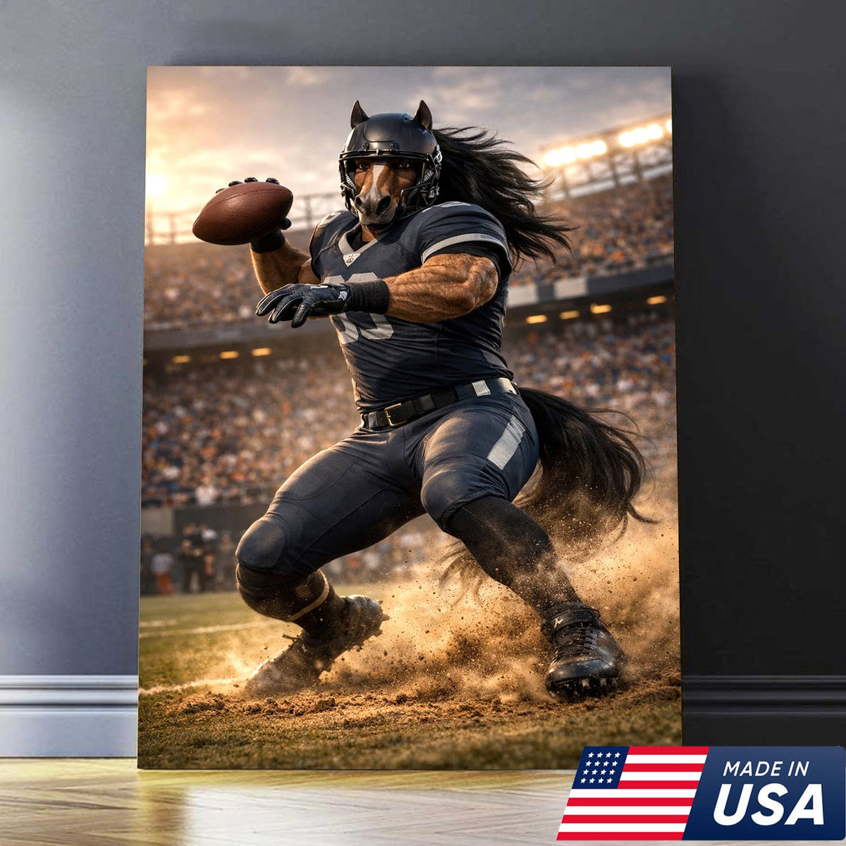 Dark Stallion Football Canvas Wall Art – Powerful Horse Athlete Stadium Action Print