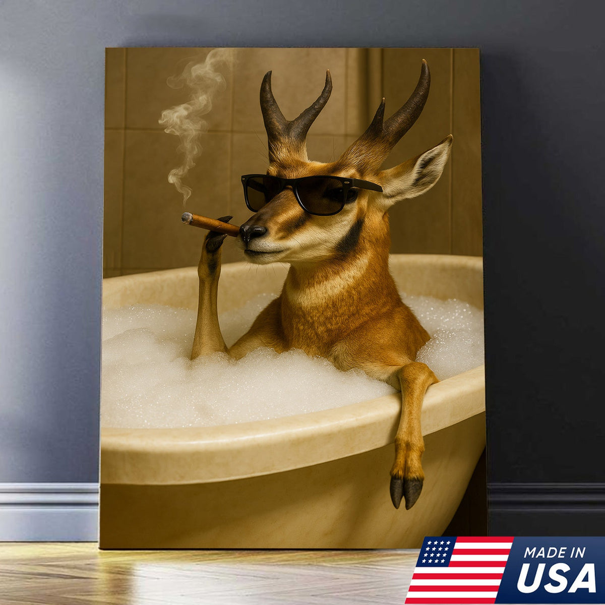Funny Pronghorn Antelope Smoking Canvas Wall Art – Cool Bathtub & Cigar Gift for Hunters