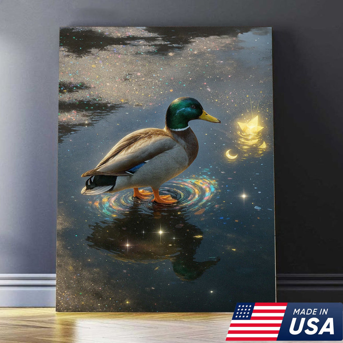 Magical Duck Canvas Art – Enchanted Night Water Scene with Glowing Stars