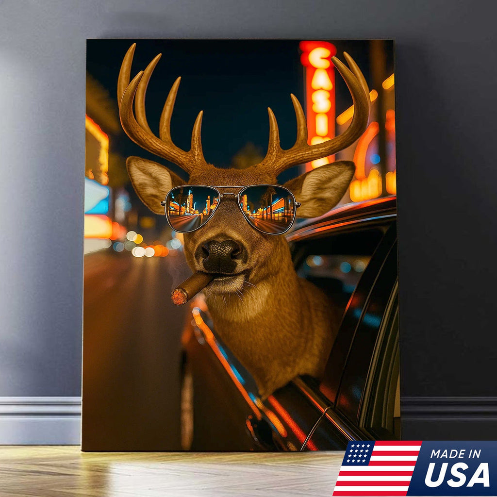 Cool Deer Canvas Wall Art - Funny Rustic Lodge Decor with Sunglasses and Night City Vibes