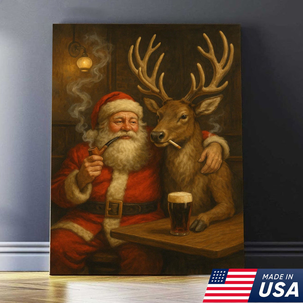 Funny Santa and Reindeer Wall Art Canvas – Rustic Christmas Lodge Decor