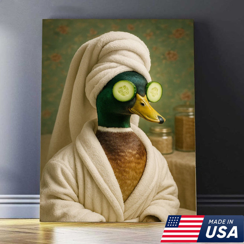 Spa Day Duck Canvas Wall Art, Funny Bathroom Spa Decor, Mallard in Robe with Cucumber Eyes