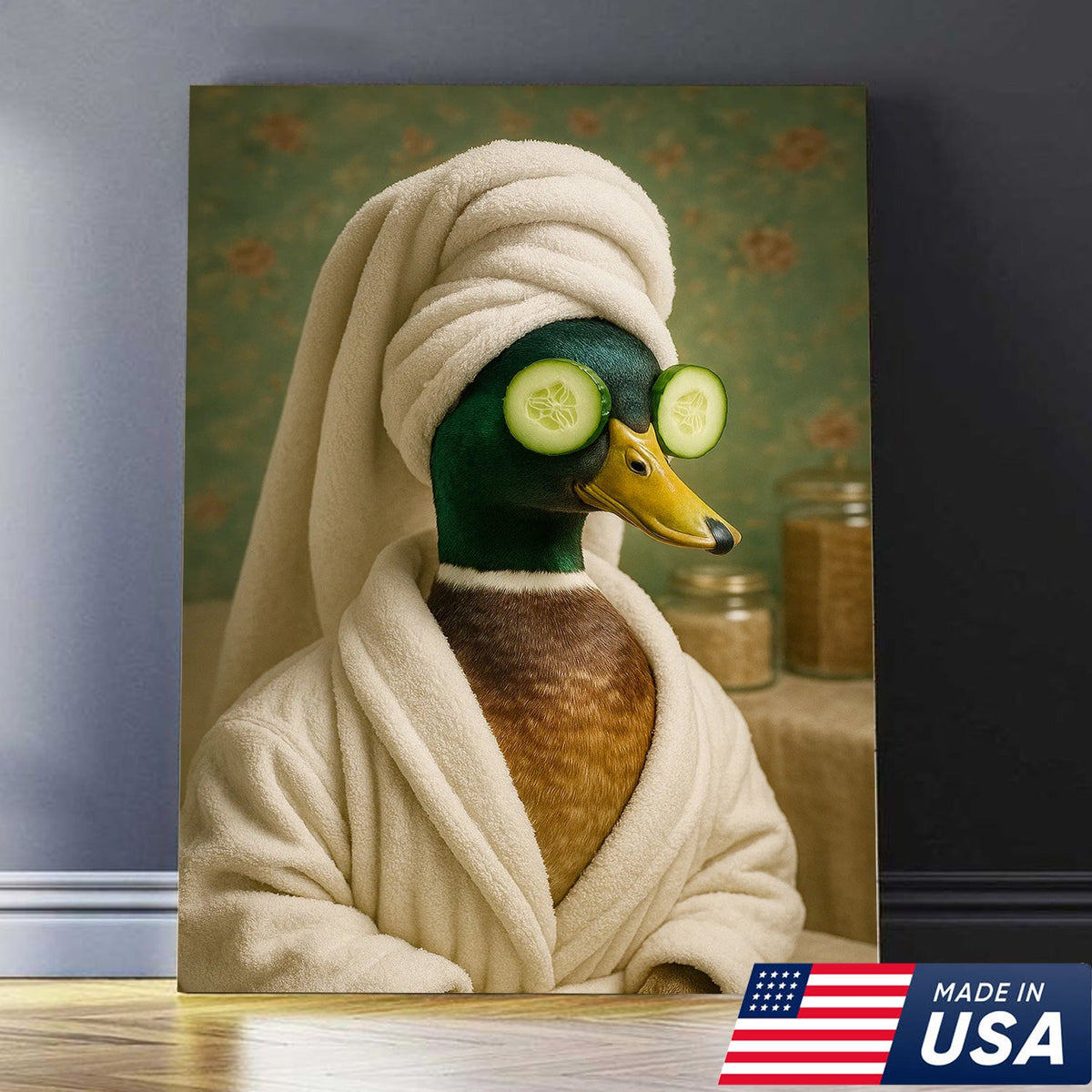Spa Day Duck Canvas Wall Art, Funny Bathroom Spa Decor, Mallard in Robe with Cucumber Eyes