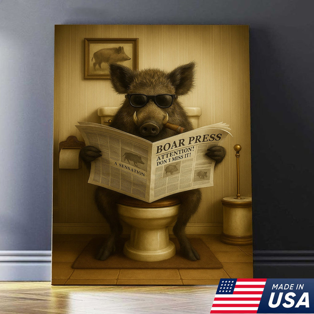 Funny Wild Boar Reading Newspaper Canvas – Funny Bathroom Wall Art