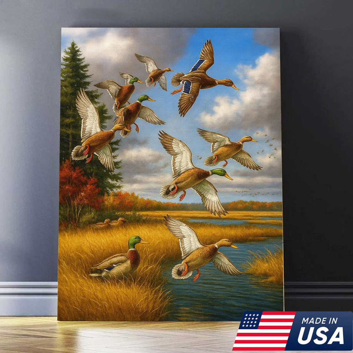 Mallard Ducks Flying Wall Art Canvas – Vintage Waterfowl Hunting Scene Canvas for Outdoorsmen
