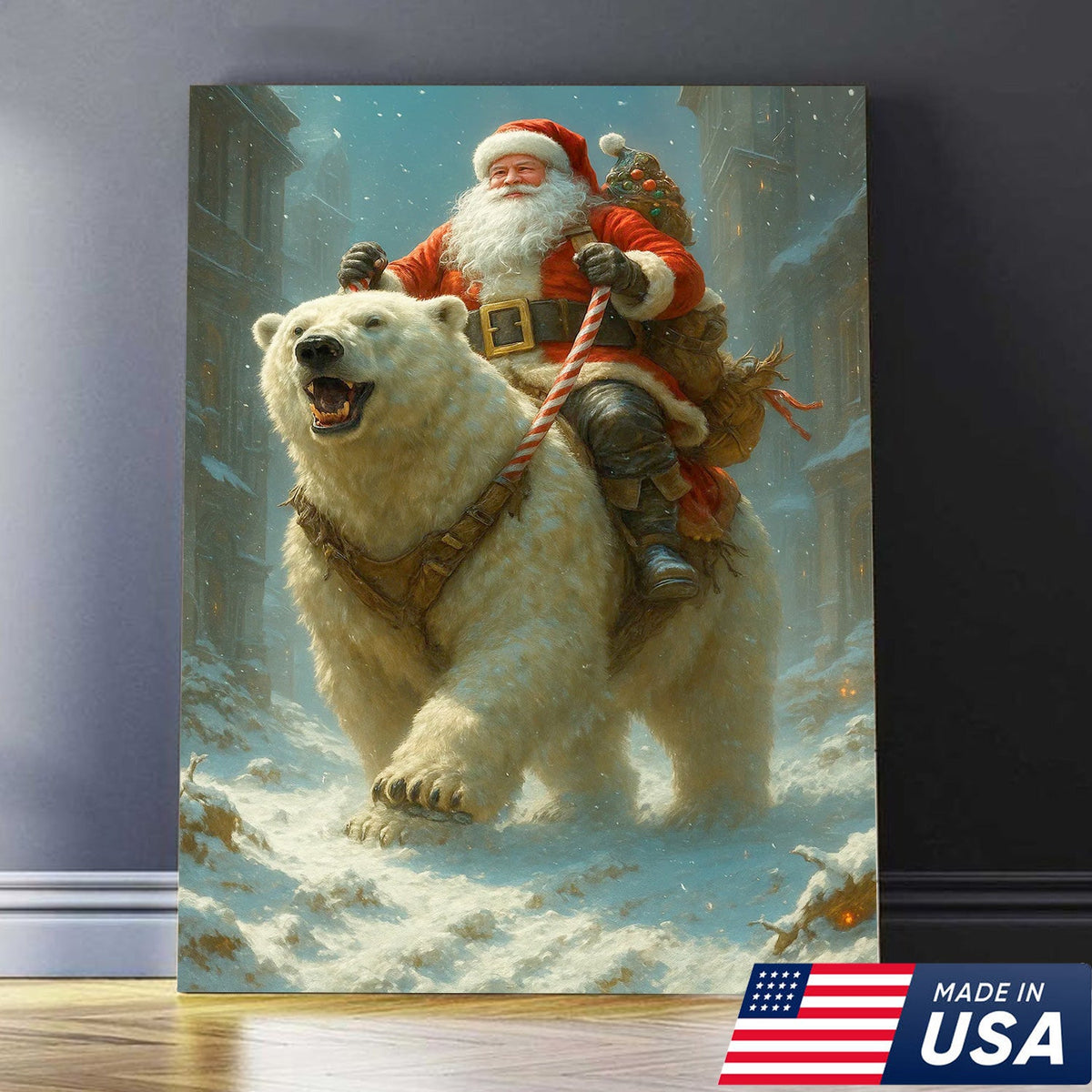 Santa Riding Polar Bear Canvas Wall Art, Epic Christmas Adventure Santa Print