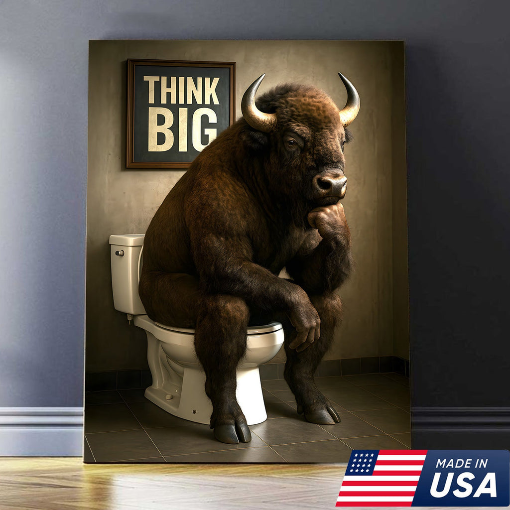 Funny Buffalo Bathroom Wall Art – Think Big Bison Canvas, Rustic Farmhouse Animal Decor