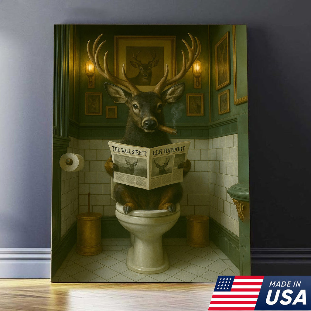 Black-Tailed Deer On Toilet Canvas Wall Art – Unique Funny Bathroom Decor Gift