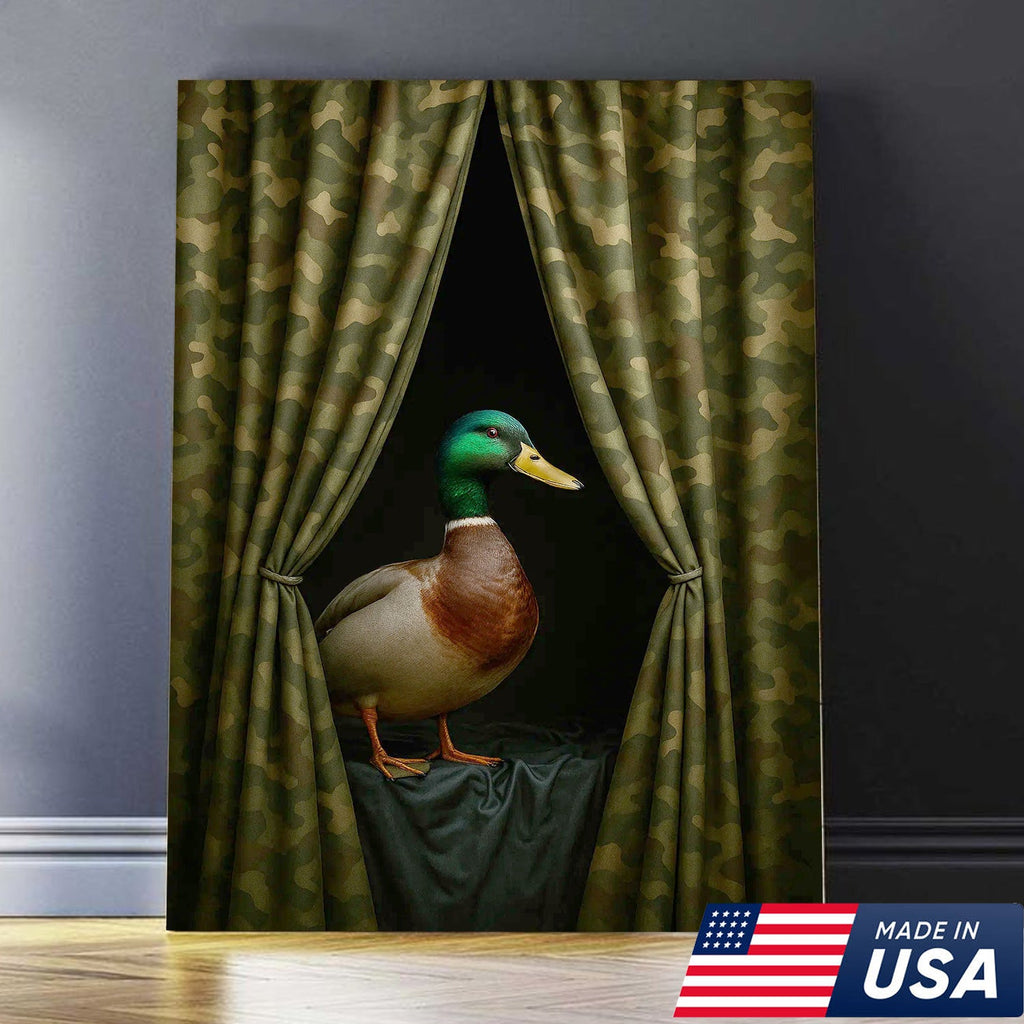 Duck Behind Camo Curtain Canvas Wall Art, Funny Hunting Lodge Decor, Rustic Wildlife Artwork