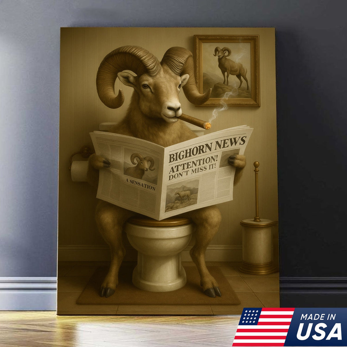 Bighorn Sheep Reading Newspaper Canvas – Funny Bathroom Wall Art for Rustic Cabin