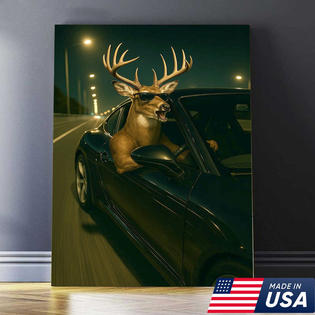 Funny Deer Driving Canvas, Cool Buck in Car Wall Art, Humorous Hunter Gift