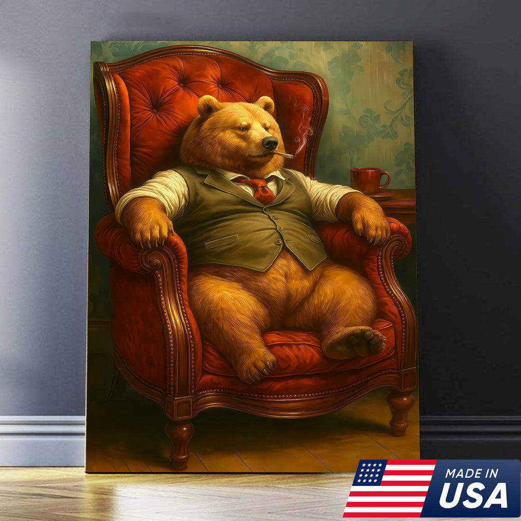 Gentleman Bear Sitting in Chair Canvas Art – Funny Gift for Men Who Love Class & Chill Vibes