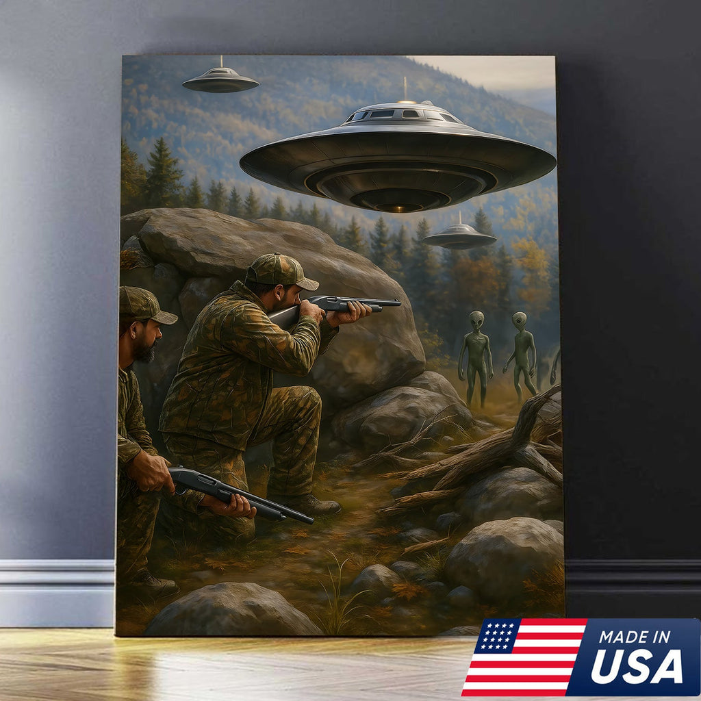 Alien Encounter Hunting Canvas Wall Art, Funny Hunters vs UFO Scene
