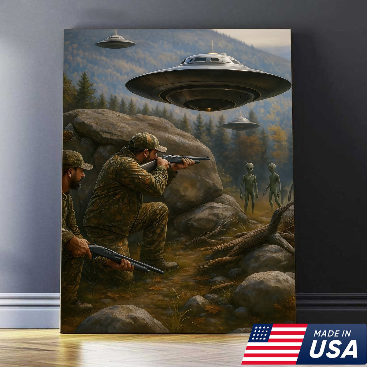 Alien Encounter Hunting Canvas Wall Art, Funny Hunters vs UFO Scene