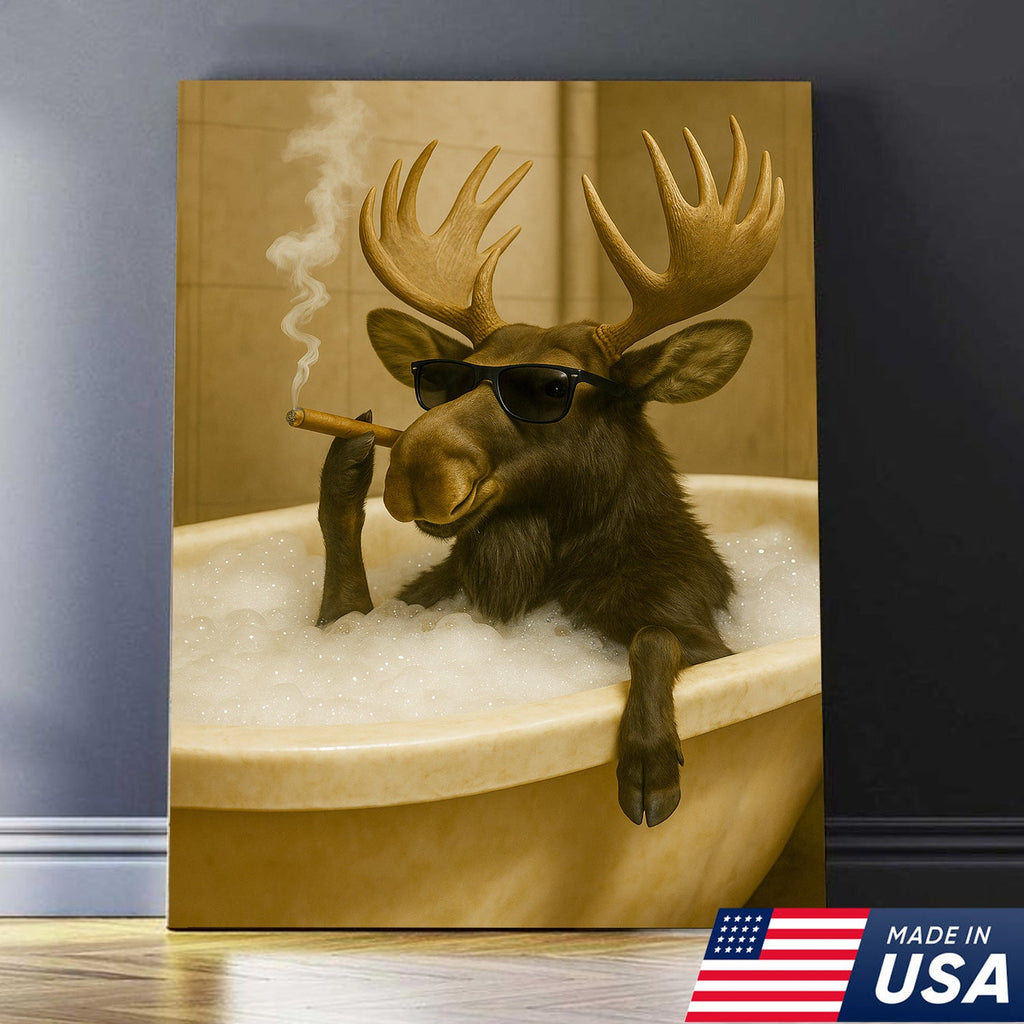 Rustic Bathroom Humor Moose Canvas – Smoking Bubble Bath Wall Art for Hunting Cabin