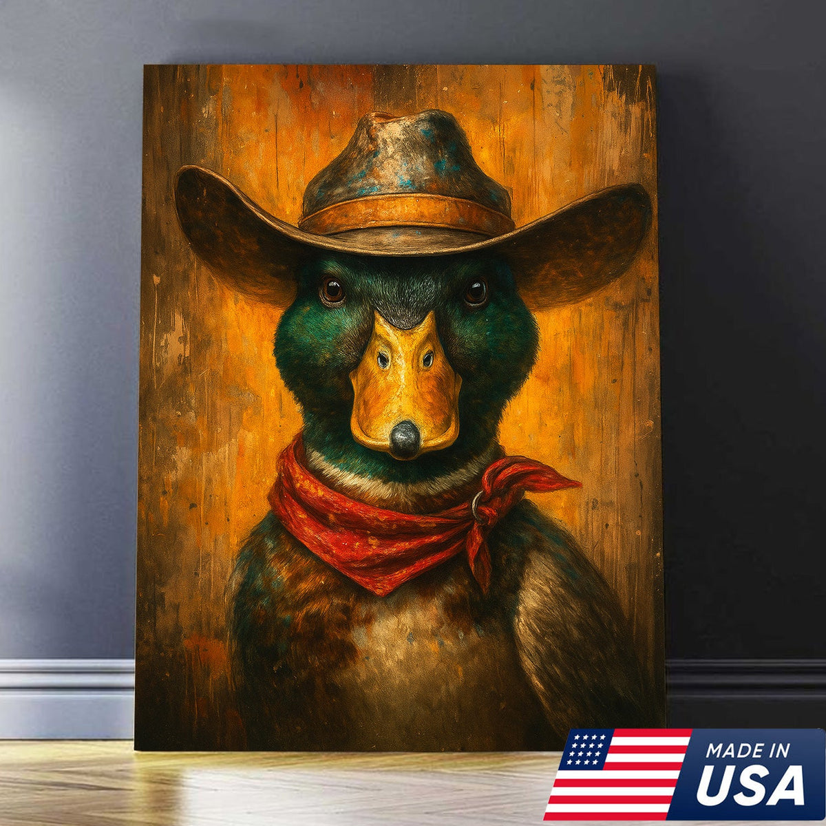 Cowboy Duck Portrait Canvas – Rustic Western Wall Art for Man Cave & Lodge Decor