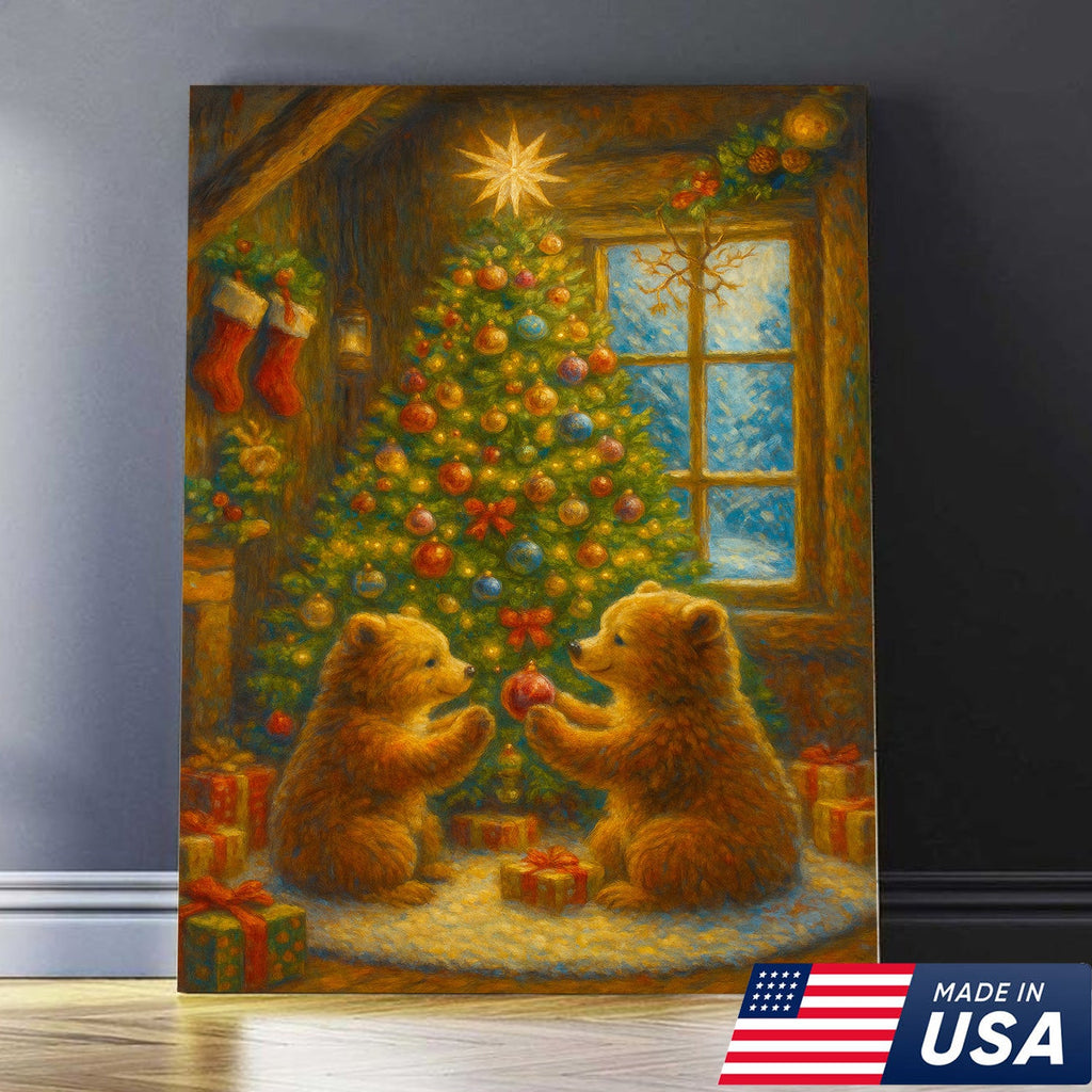 Christmas Bear Cubs Wall Art Canvas — Cozy Holiday Tree Scene, Cute Winter Animal Wall Decor