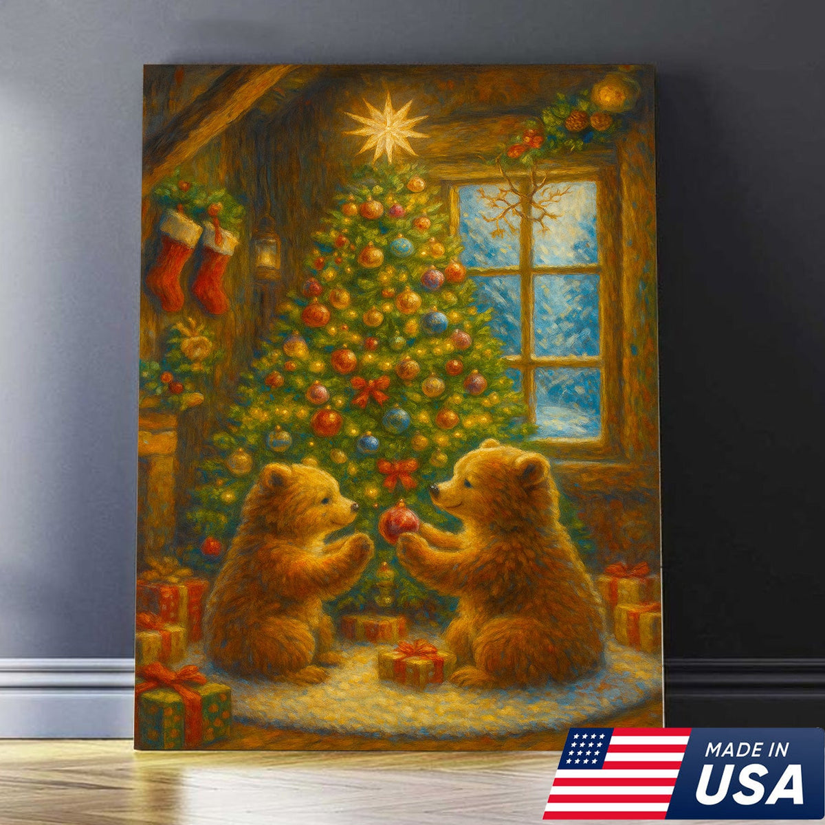 Christmas Bear Cubs Wall Art Canvas — Cozy Holiday Tree Scene, Cute Winter Animal Wall Decor