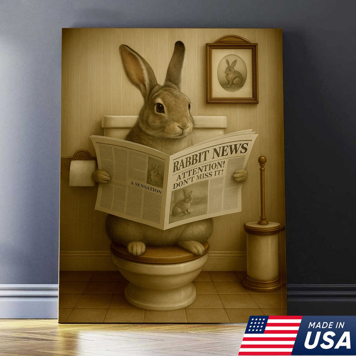 Funny Bunny Rabbit Bathroom Canvas – Unique Rustic Wildlife Decor Gift for Hunting Enthusiasts