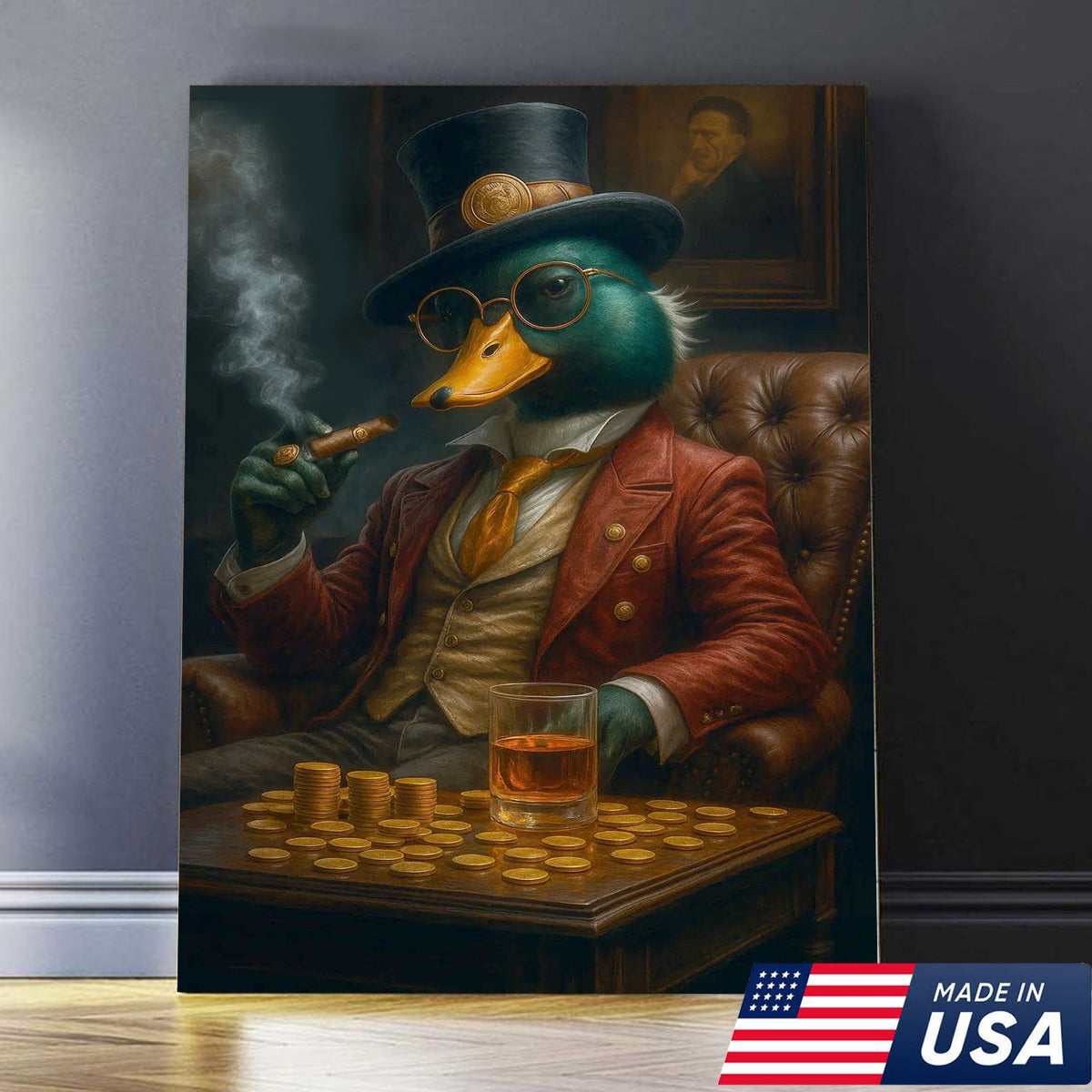 Rich Duck Boss Canvas Wall Art, Fancy Dapper Duck in Suit with Gold Coins