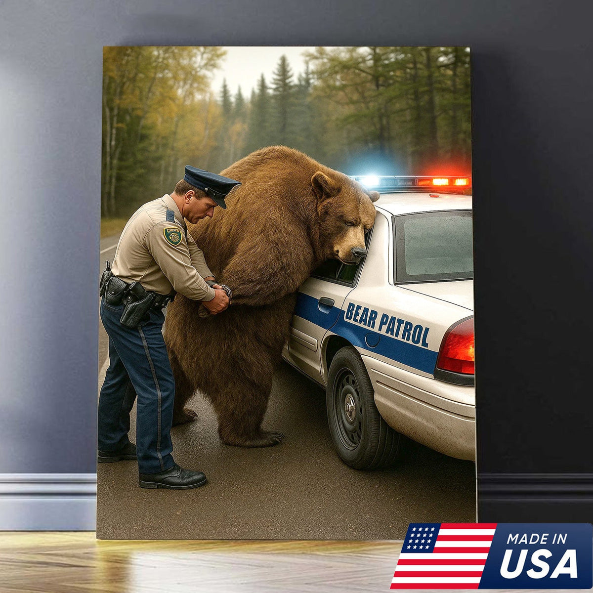 Funny Bear Patrol Canvas Wall Art, Humorous Wildlife Police Artwork, Rustic Cabin Decor