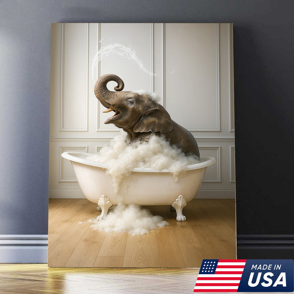 Elephant Bubble Bath Bathroom Wall Art Canvas, Funny Animal in Bathtub Bathroom Decor