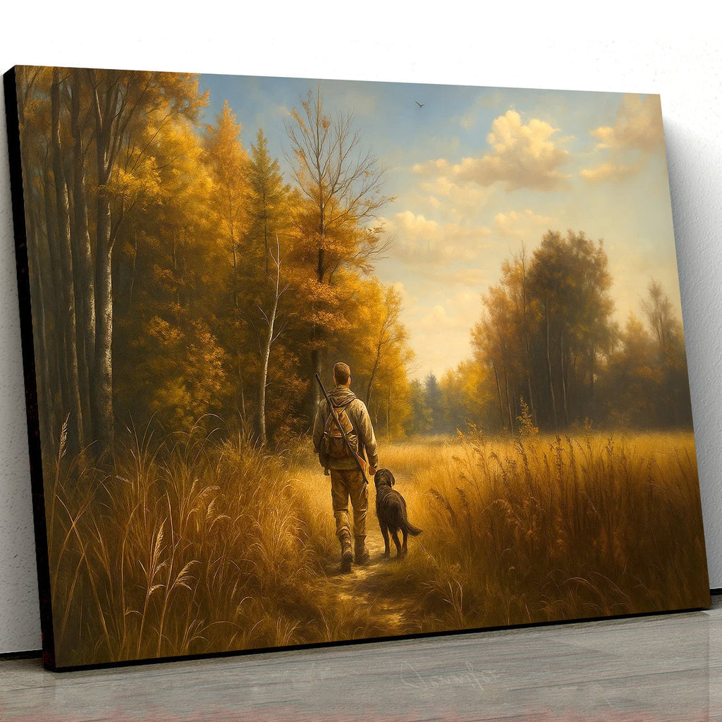 Hunting Canvas Wall Art – Hunter Walking with Dog in Autumn Forest – Rustic Wildlife Wall Decor