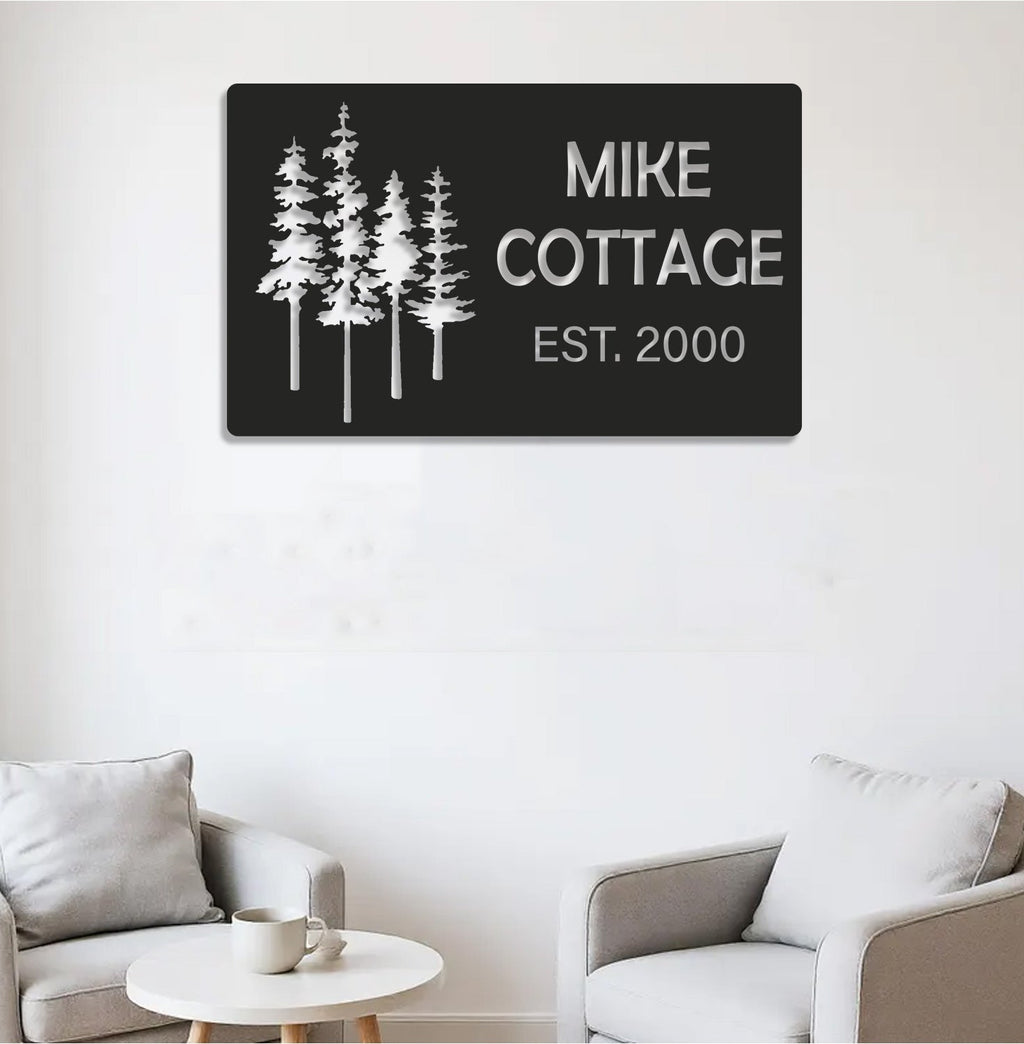 Personalized Forest Metal Sign WITH LED/WITHOUT LED - Rustic Cabin Name Sign with Pine Trees