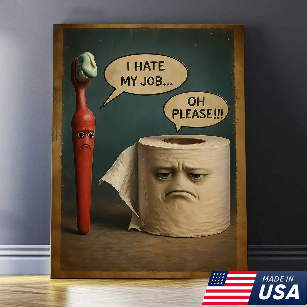 Funny Bathroom Humor Canvas Wall Art, Talking Toothbrush and Toilet Paper Print
