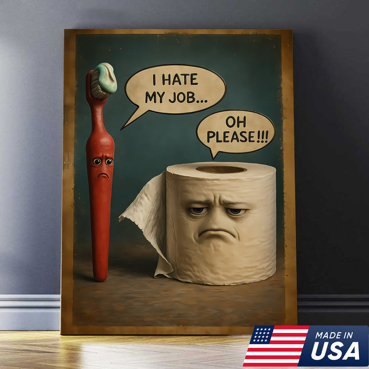 Funny Bathroom Humor Canvas Wall Art, Talking Toothbrush and Toilet Paper Print