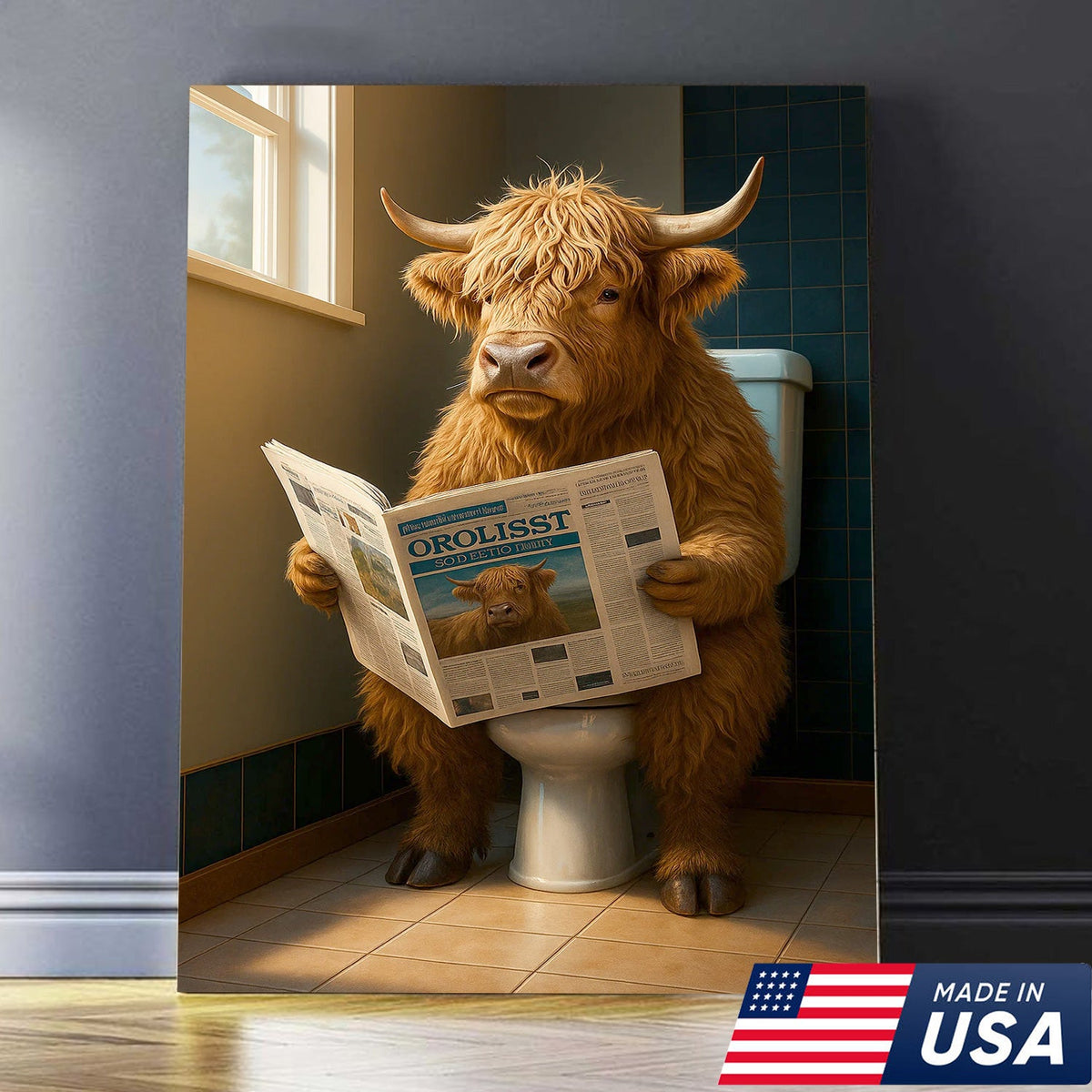 Highland Cow Bathroom Canvas Wall Art, Funny Farmhouse Restroom Decor