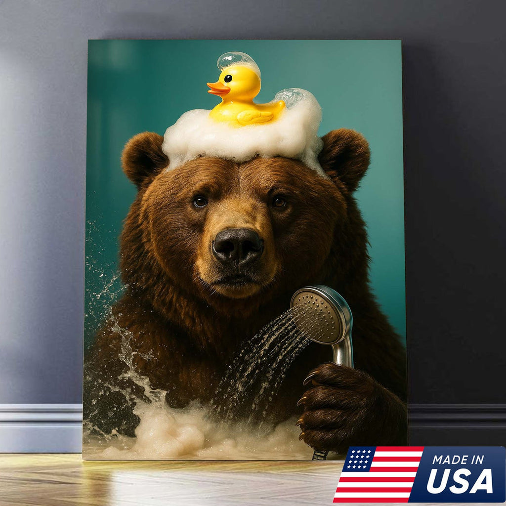 Funny Bear Bathroom Wall Art Canvas – Cute Bear Bubble Bath with Rubber Duck