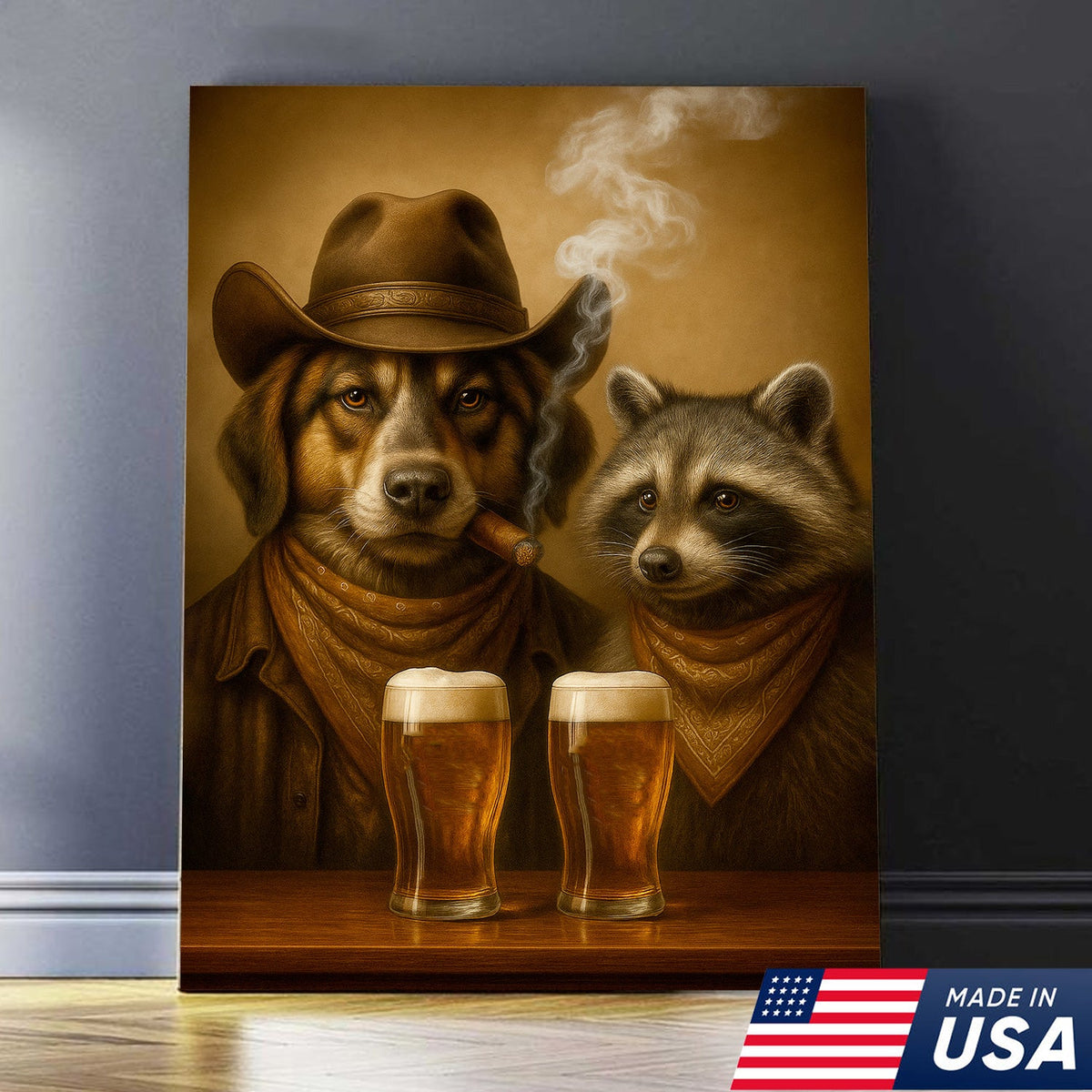 Funny Dog & Raccoon Cowboy Canvas Wall Art – Funny Western Beer Decor for Hunters
