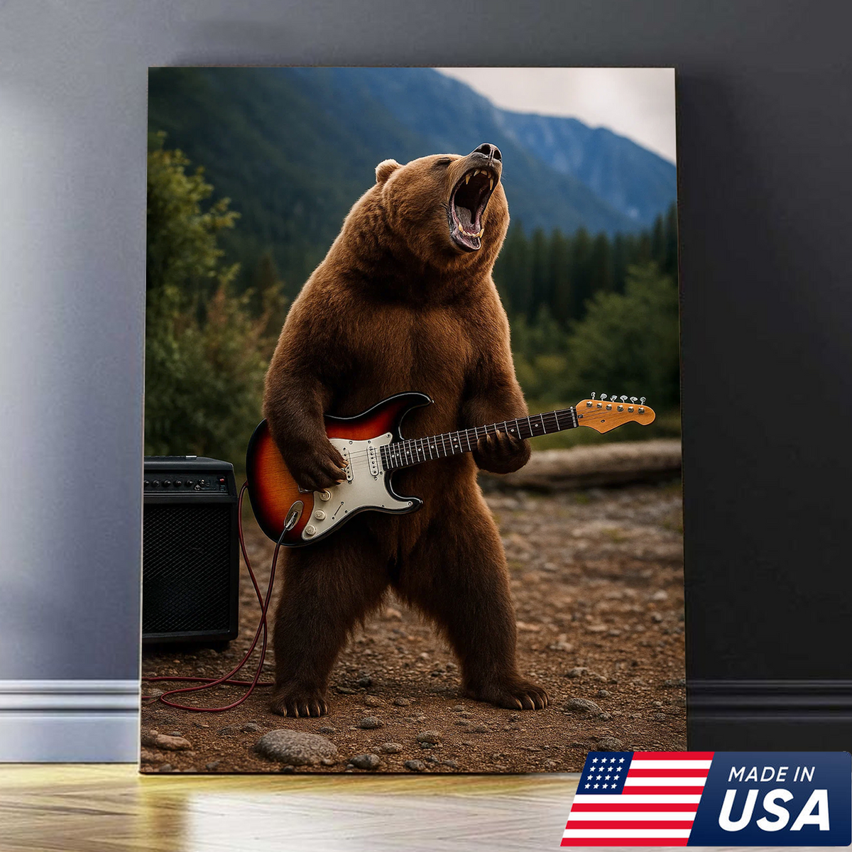 Funny Bear Canvas Wall Art – Rock and Roll Wildlife Decor, Guitar Playing Grizzly