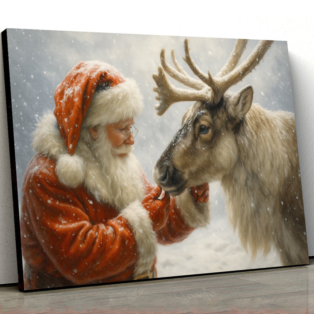 Santa with Reindeer Canvas Wall Art, Tender Snowy Christmas Scene Picture