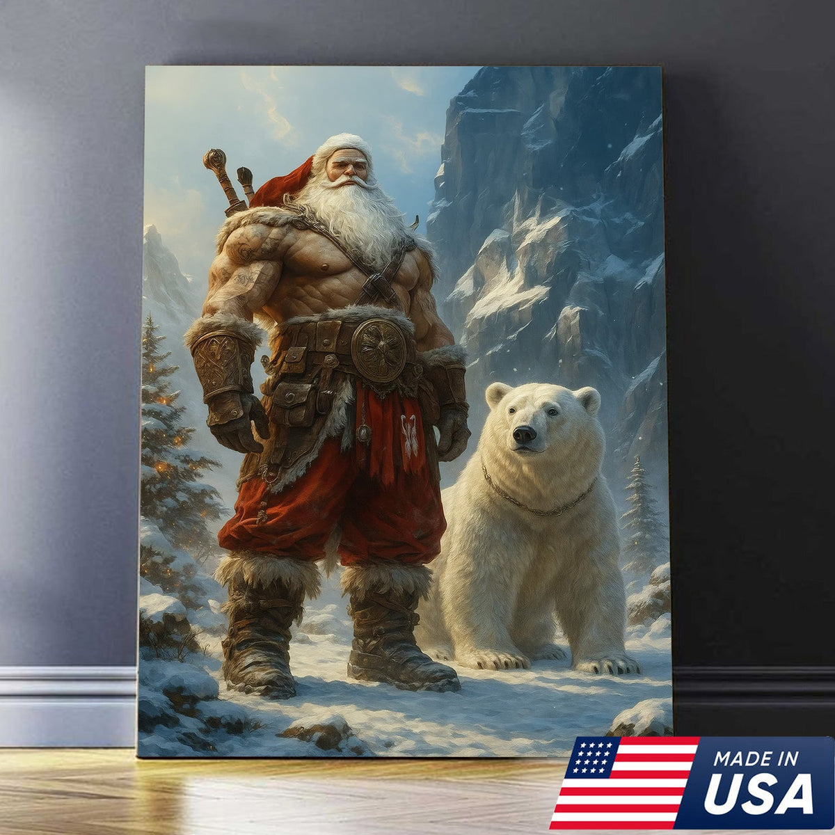 Viking Santa with Polar Bear Canvas Wall Art, Epic Christmas Warrior Decor