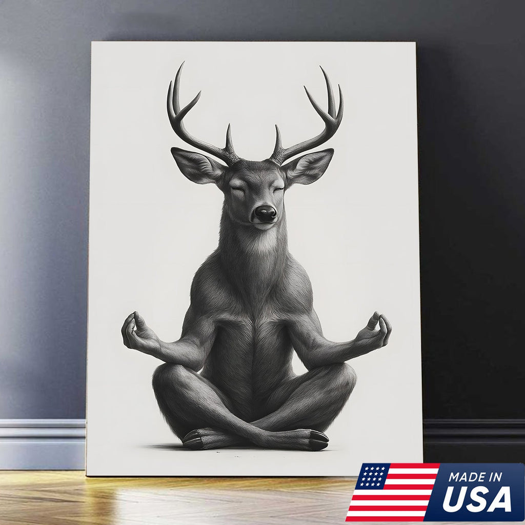 Yoga Deer Canvas Wall Art, Meditating Buck Minimalist Black and White Print, Peaceful Wildlife Zen Decor
