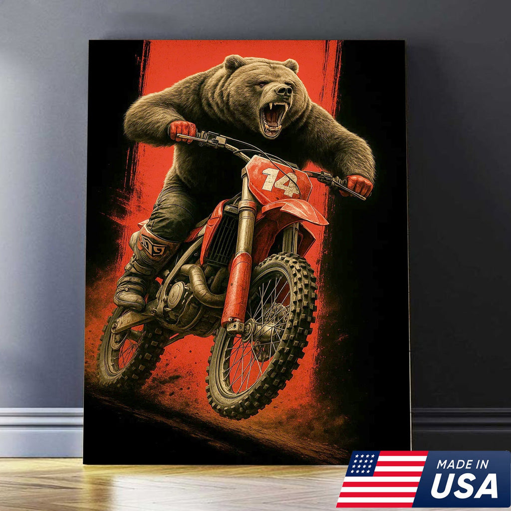 Motocross Bear Wall Art Canvas, Fierce Dirt Bike Racing Bear Print