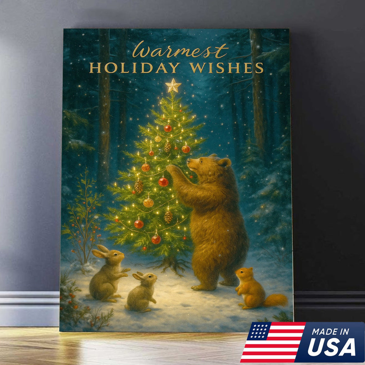 Warmest Holiday Wishes Woodland Christmas Art – Cute Bear & Forest Animals Wall Print