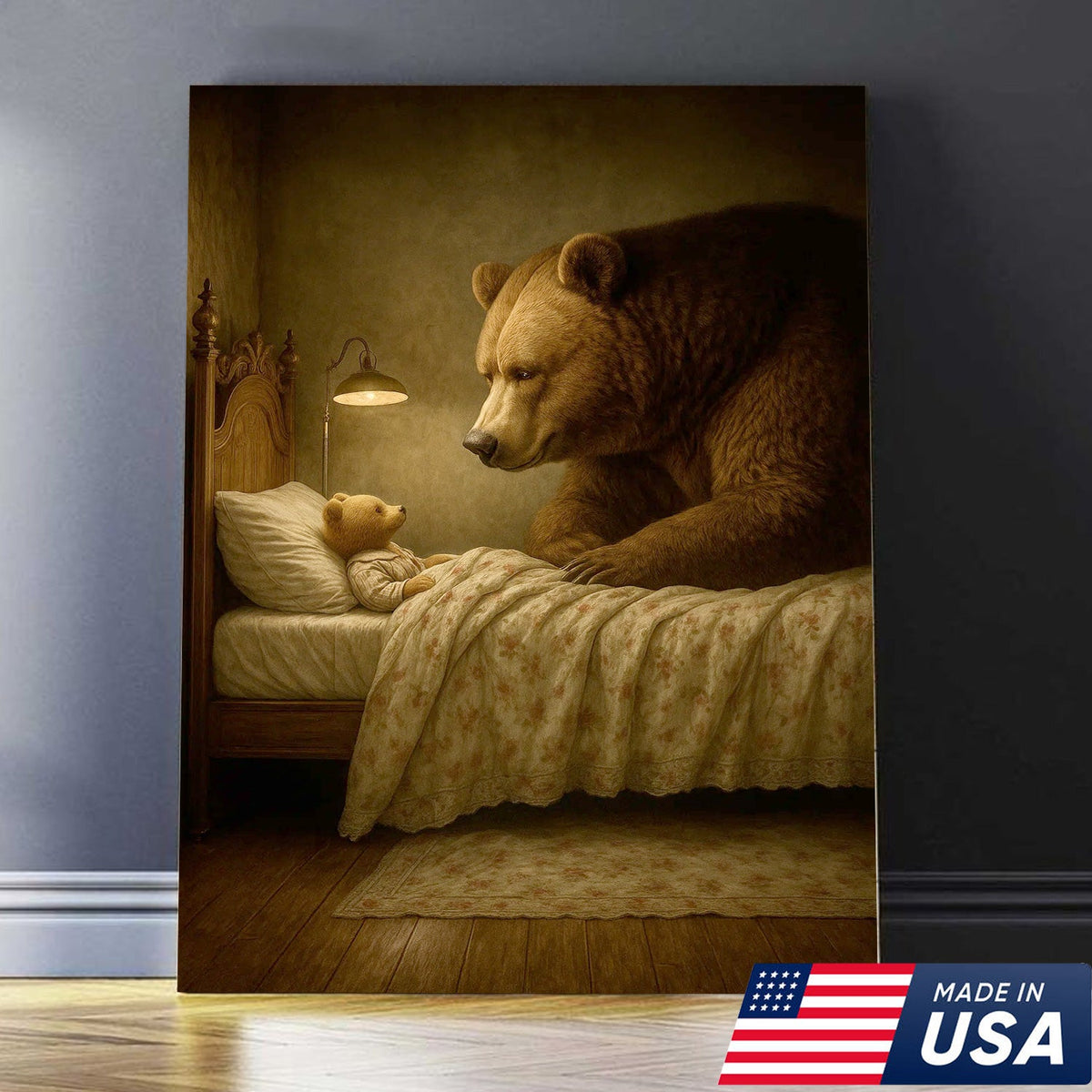 Mother Bear and Cub Canvas Wall Art, Whimsical Bedtime Wildlife Artwork