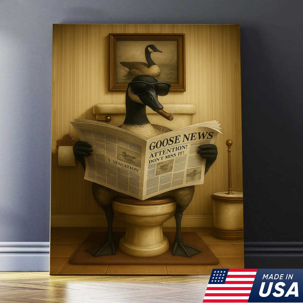 Funny Canada Goose Reading Newspaper Canvas – Funny Bathroom Wall Art