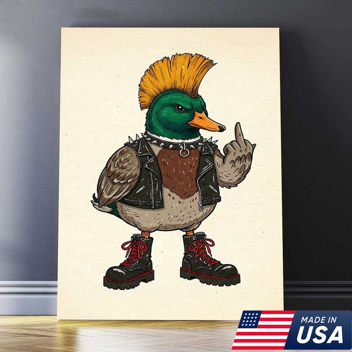 Funny Punk Duck Wall Art, Rebel Duck Canvas, Fukin' Finger Duck Art