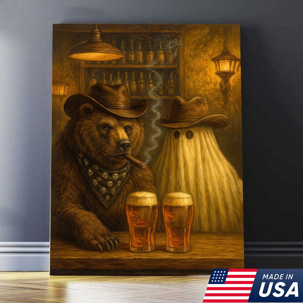 Halloween Bar Bear Canvas – Funny Rustic Cowboy Ghost Wall Art for Cabin, Hunters