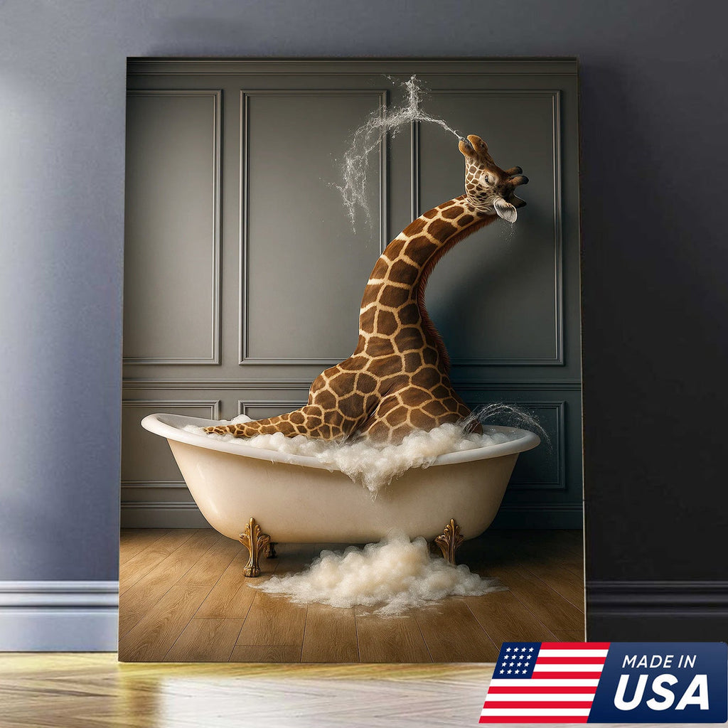 Funny Giraffe Bubble Bath Wall Art Canvas, Animals in Bathtub Kids Bathroom Decor