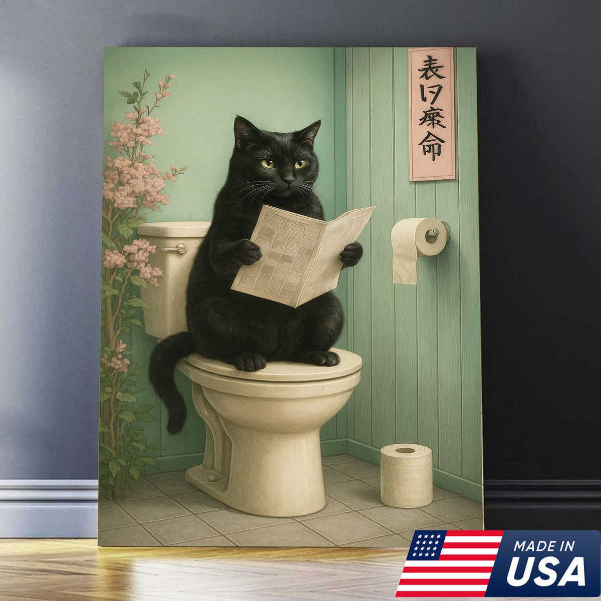 Funny Cat Bathroom Canvas Wall Art, Black Cat on Toilet Reading Newspaper