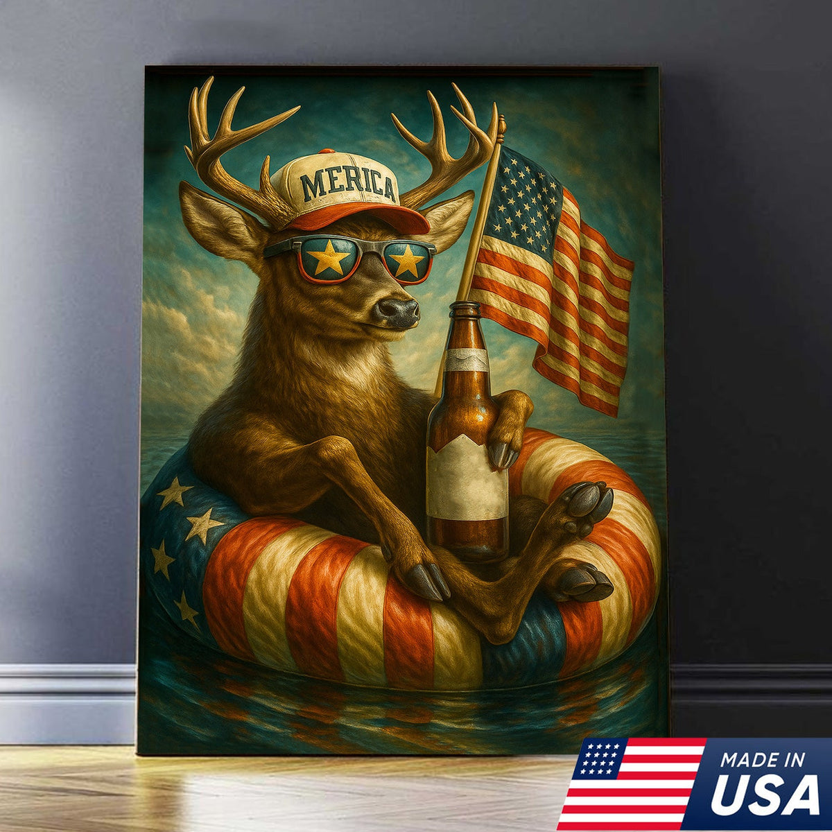 Patriotic Deer Wall Art Canvas – Funny American Flag Wall Art, Man Cave & Rustic Cabin Decor