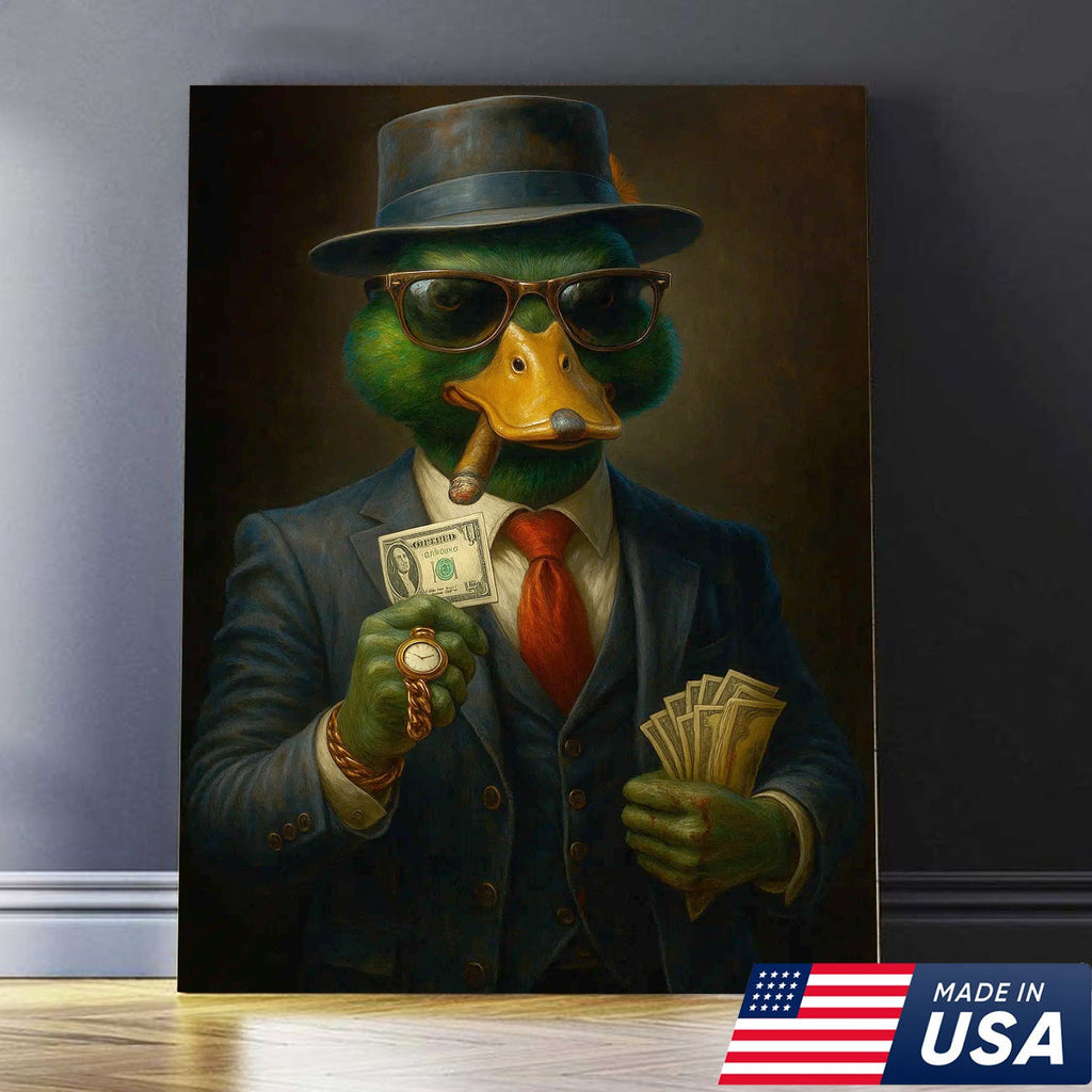 Gangster Duck Money Canvas Wall Art, Rich Boss Duck in Suit Holding Cash