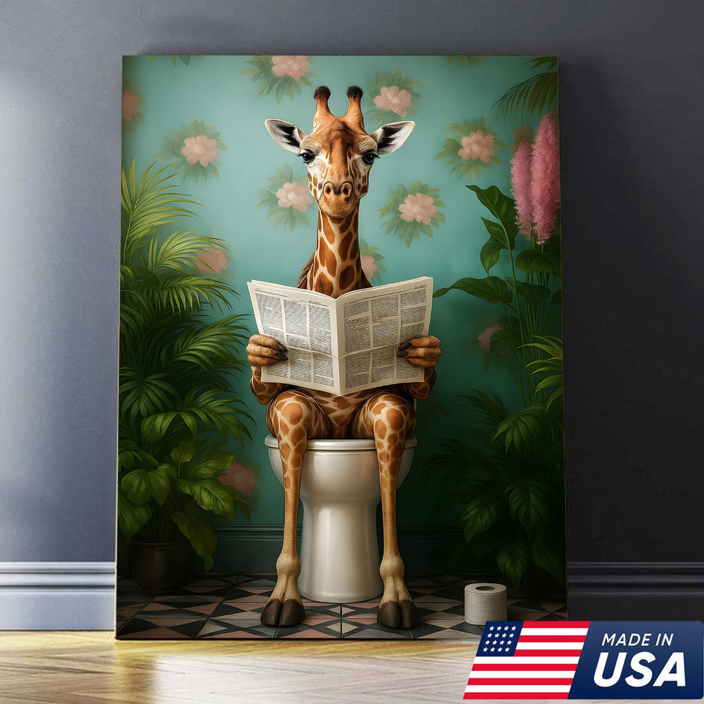Funny Giraffe Bathroom Canvas Wall Art, Whimsical Animal Reading Newspaper Print
