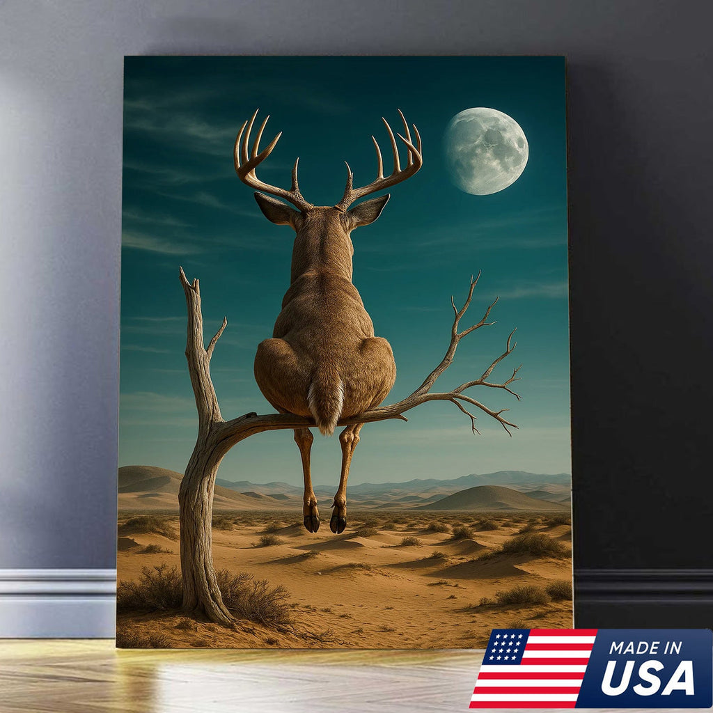 Funny Deer Moon Canvas, Whitetail Buck Sitting on Tree Wall Art, Humorous Hunter Gift