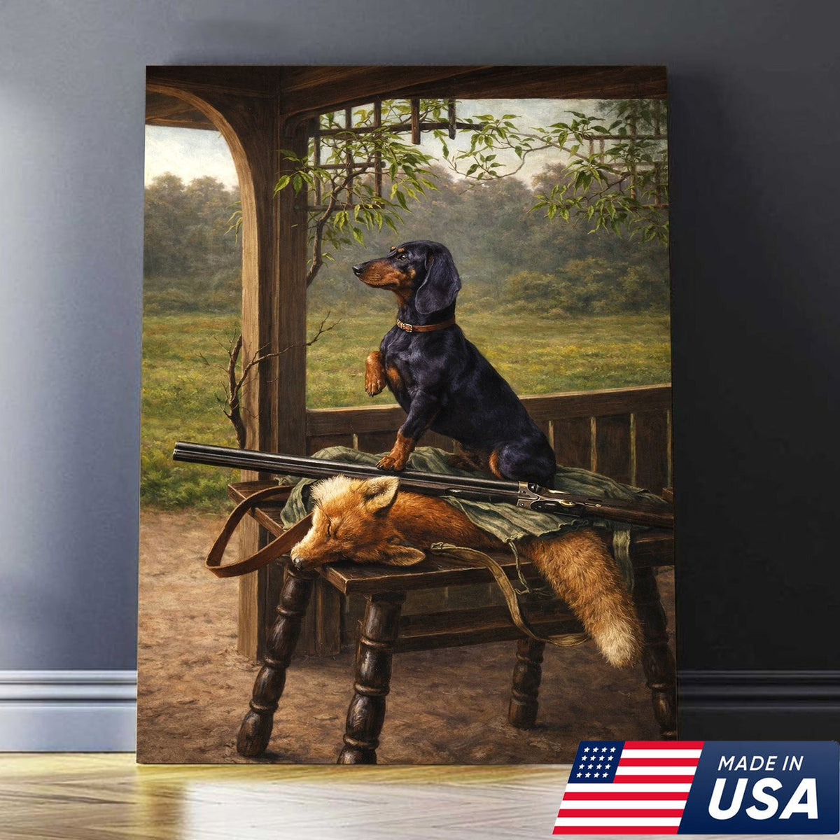 Hunting Dog and Fox Wall Art, Vintage Dachshund Hunter Canvas